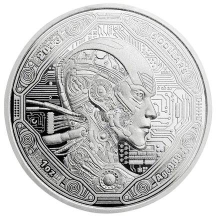 Монета "Эра инноваций. Киборг", 2023 г., Серебро, 31,1 гр., проба 999, САМОА