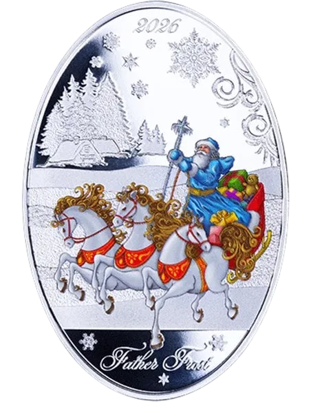 Монета "Дед Мороз и Снегурочка (матрешка)", 2026 г., Серебро, 31,1 гр., проба 999, СОЛОМОНОВЫ ОСТРОВА