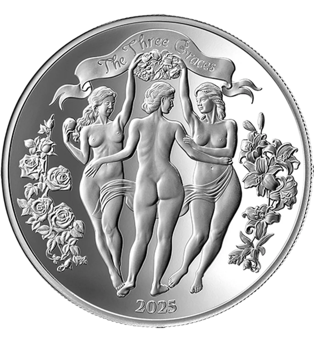 Монета "Три грации", 2025 г., Серебро, 31,1 гр., проба 999, КАМЕРУН