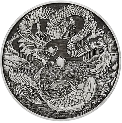 Монета "Дракон и карп (Antique)", 2023 г., Серебро, 31,1 гр., проба 9999, АВСТРАЛИЯ