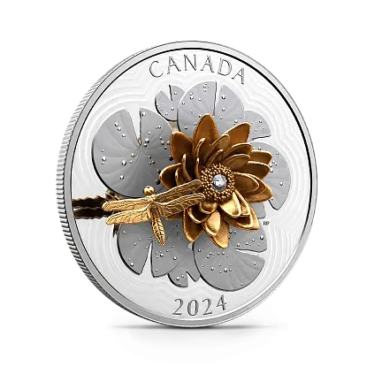 Монета "Стрекоза на водяной лилии", 2024 г., Серебро, 157,6 гр., проба 9999, КАНАДА