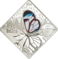 Монета «Стеклянная бабочка», 2014 г., Серебро, 50 гр., проба 925, ПАЛАУ