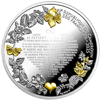 Монета "Свадебные голуби", 2025 г., Серебро, 17,5 гр., проба 999, КАМЕРУН