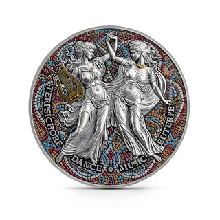 Монета "Терпсихора и Эвтерпа. Девять Муз", 2025 г., Серебро, 62,2 гр., проба 999, КАМЕРУН