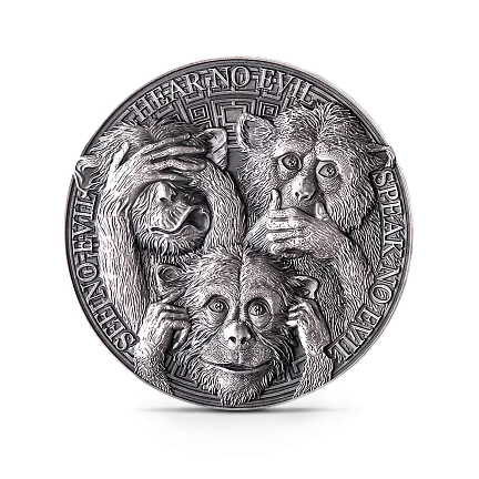 Монета "Три мудрые обезьяны", 2022 г., Серебро, 31,1 гр., проба 999, ГАНА