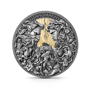 Монета "Титаномахия", Великая греческая мифология, 2026 г., 500 гр., проба 999, КАМЕРУН